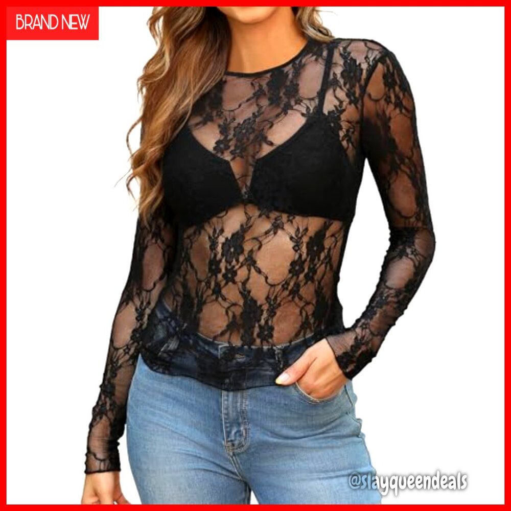 Mesh Long Sleeve Blouse Lace Embroidery Slim Fit See Through Top - Picture 3 of 6